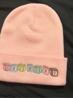 Pink 'Crybaby' Embroidered Knit Beanie for Kids